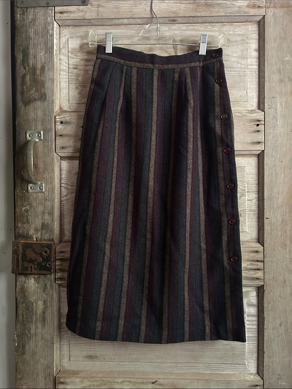 Vintage 1980s Wool Striped Midi Skirt in Dark Plum and Teal With Side Buttons, S